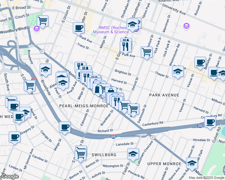 map of restaurants, bars, coffee shops, grocery stores, and more near 42 Cornell Street in Rochester