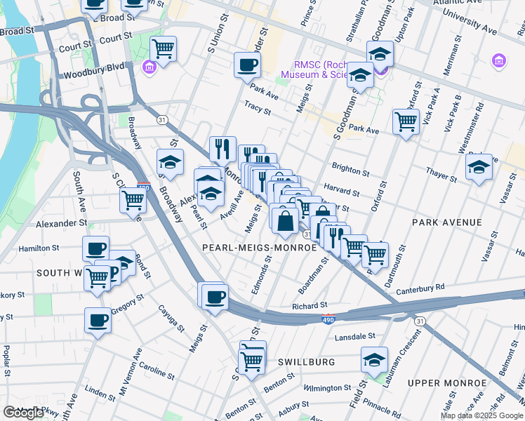 map of restaurants, bars, coffee shops, grocery stores, and more near 416 Meigs Street in Rochester