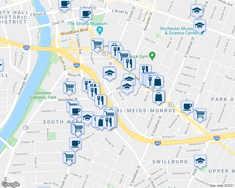 map of restaurants, bars, coffee shops, grocery stores, and more near 556 Broadway in Rochester