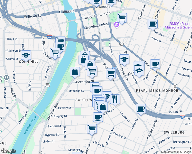 map of restaurants, bars, coffee shops, grocery stores, and more near 503-505 South Avenue in Rochester