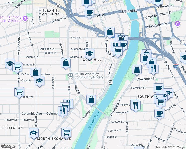 map of restaurants, bars, coffee shops, grocery stores, and more near 4 Greig Street in Rochester