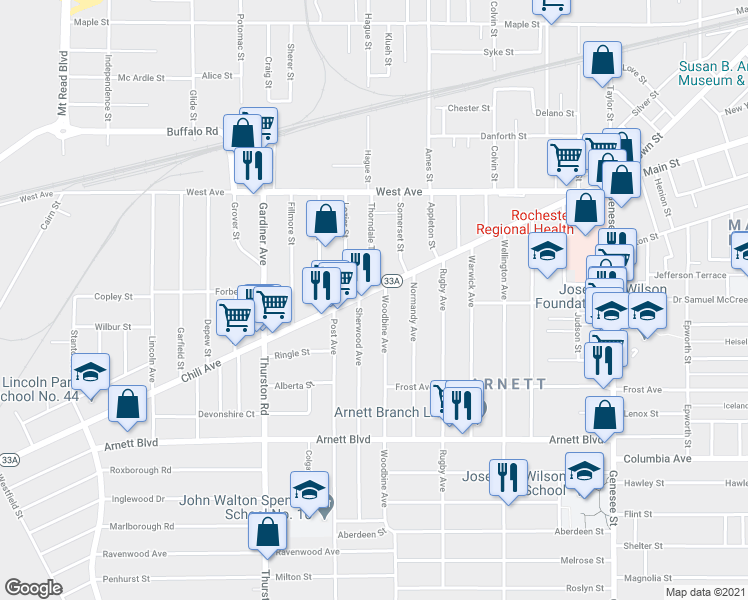 map of restaurants, bars, coffee shops, grocery stores, and more near 47 Woodbine Avenue in Rochester