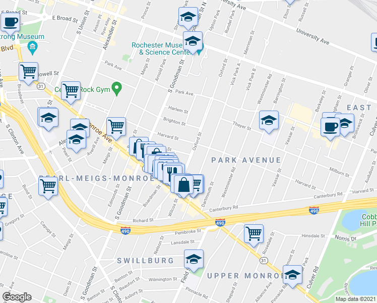 map of restaurants, bars, coffee shops, grocery stores, and more near 445 Oxford Street in Rochester