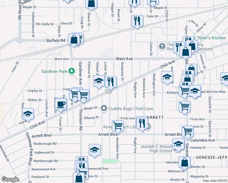 map of restaurants, bars, coffee shops, grocery stores, and more near 47 Woodbine Avenue in Rochester
