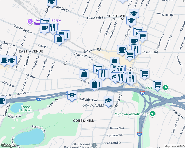 map of restaurants, bars, coffee shops, grocery stores, and more near 1625 East Avenue in Rochester