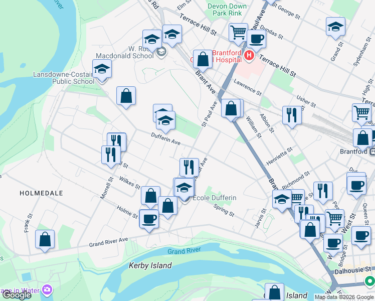 map of restaurants, bars, coffee shops, grocery stores, and more near 130 Saint Paul Avenue in Brantford