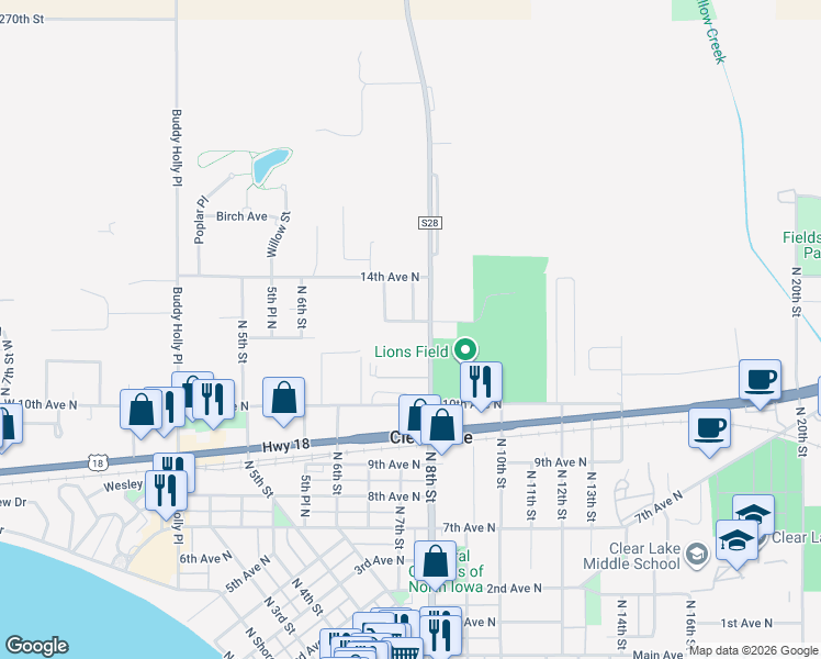 map of restaurants, bars, coffee shops, grocery stores, and more near 711 12th Avenue North in Clear Lake