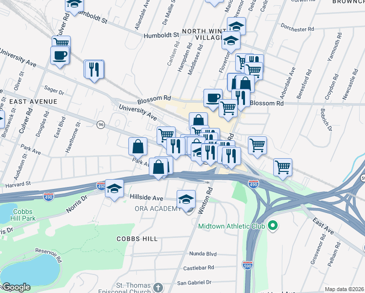 map of restaurants, bars, coffee shops, grocery stores, and more near 9 Probert Street in Rochester