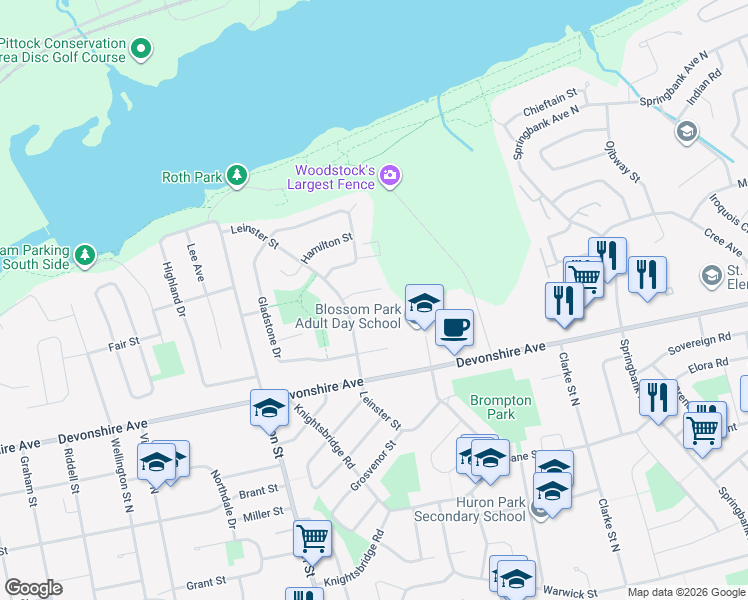 map of restaurants, bars, coffee shops, grocery stores, and more near 456 Leinster Street in Woodstock