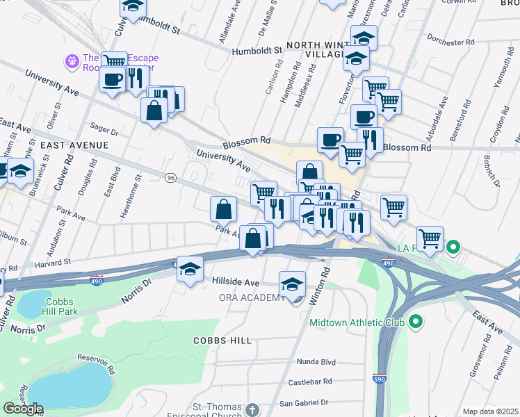map of restaurants, bars, coffee shops, grocery stores, and more near East Ave & Park Ave in Rochester