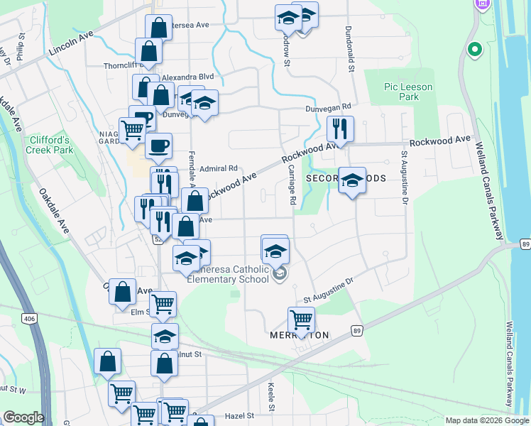 map of restaurants, bars, coffee shops, grocery stores, and more near 49 Grove Avenue in St. Catharines