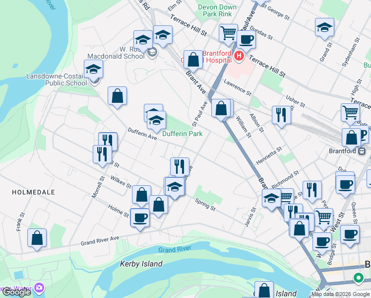 map of restaurants, bars, coffee shops, grocery stores, and more near 117 Saint Paul Avenue in Brantford