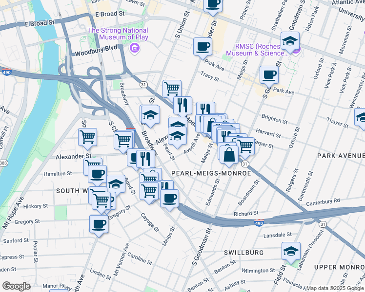 map of restaurants, bars, coffee shops, grocery stores, and more near 164 Alexander Street in Rochester
