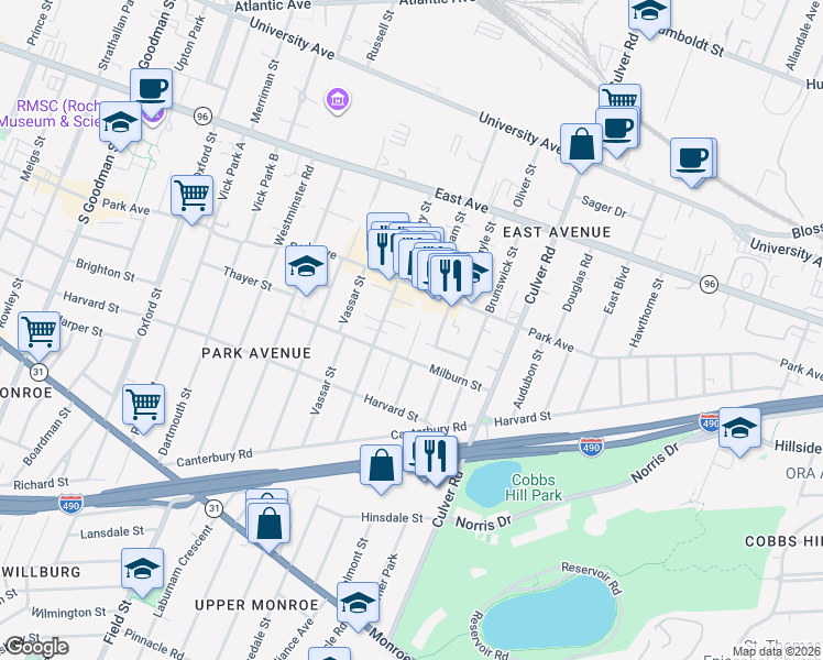 map of restaurants, bars, coffee shops, grocery stores, and more near 192 Milburn Street in Rochester
