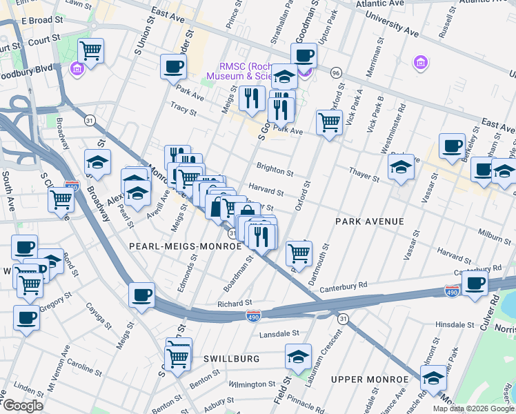 map of restaurants, bars, coffee shops, grocery stores, and more near 42 Cornell Street in Rochester