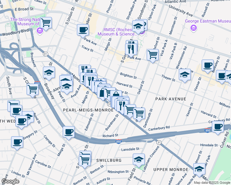 map of restaurants, bars, coffee shops, grocery stores, and more near 42 Cornell Street in Rochester