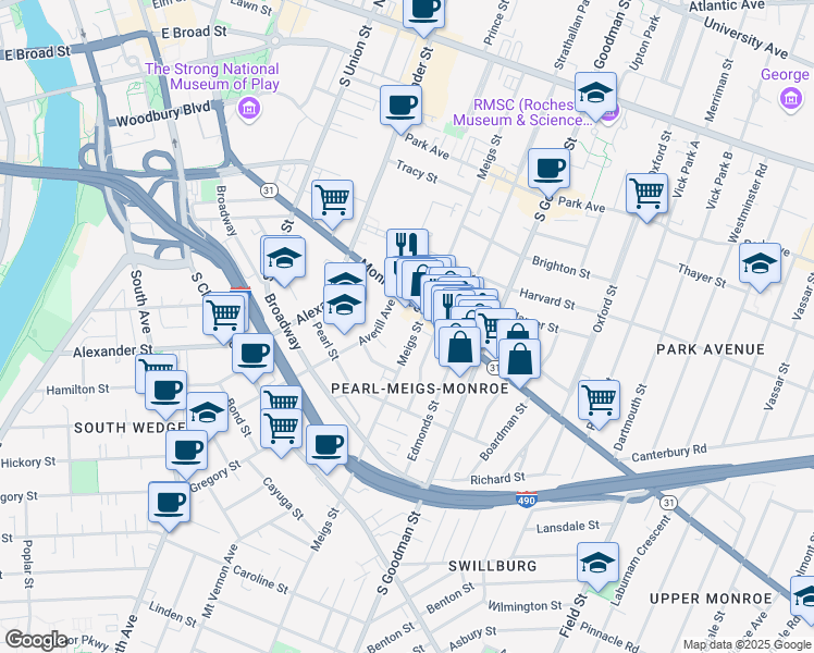map of restaurants, bars, coffee shops, grocery stores, and more near 416 Meigs Street in Rochester
