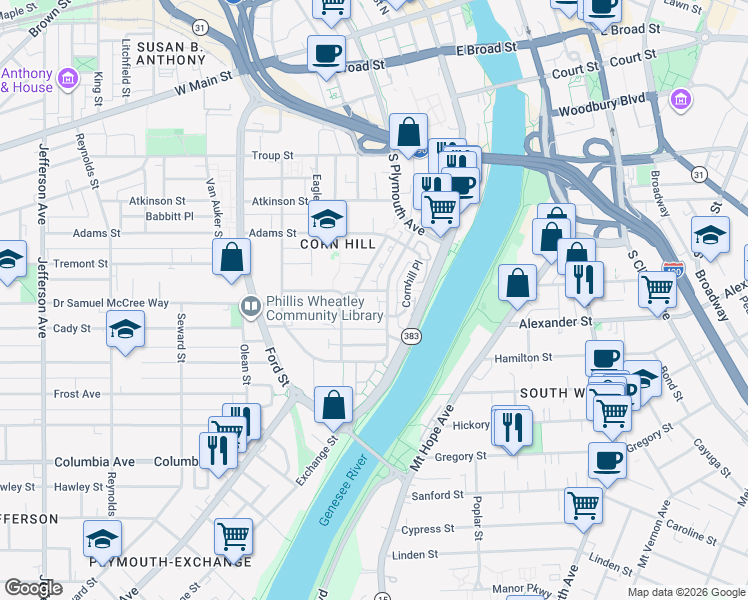 map of restaurants, bars, coffee shops, grocery stores, and more near 27 Glasgow Street in Rochester