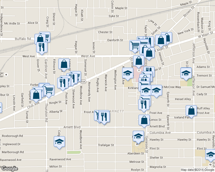 map of restaurants, bars, coffee shops, grocery stores, and more near 110 Warwick Avenue in Rochester