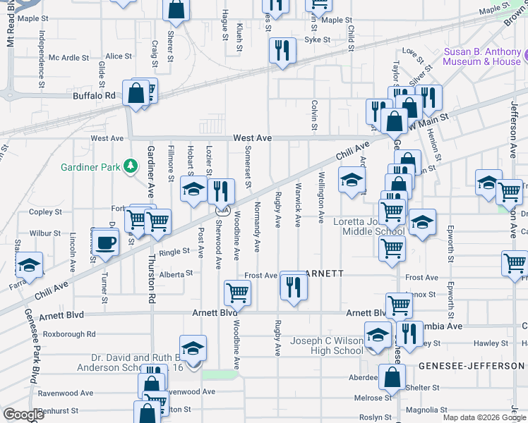 map of restaurants, bars, coffee shops, grocery stores, and more near 72 Normandy Avenue in Rochester