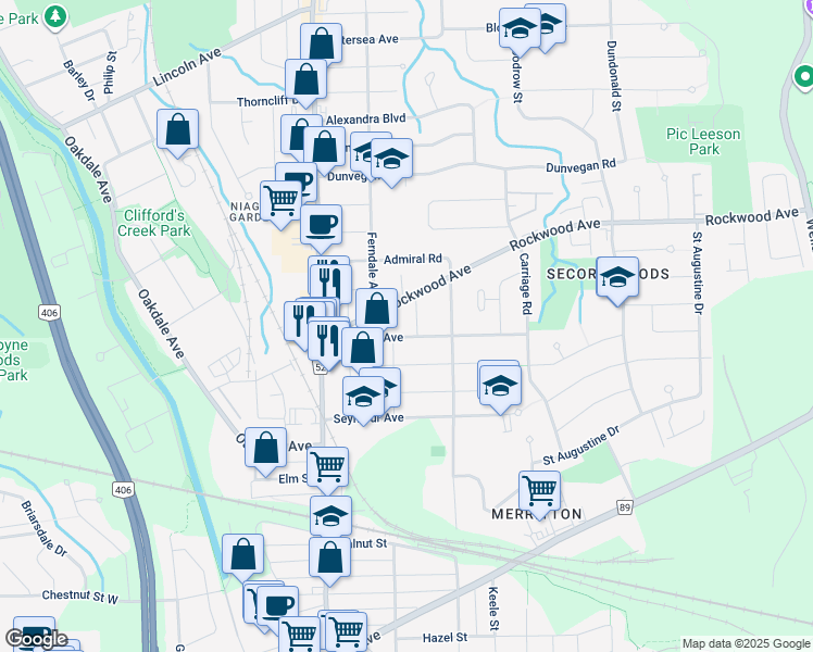 map of restaurants, bars, coffee shops, grocery stores, and more near 23 Fir Avenue in St. Catharines
