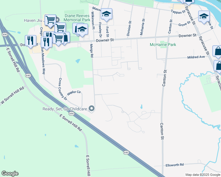 map of restaurants, bars, coffee shops, grocery stores, and more near 1-21 Legacy Drive in Baldwinsville
