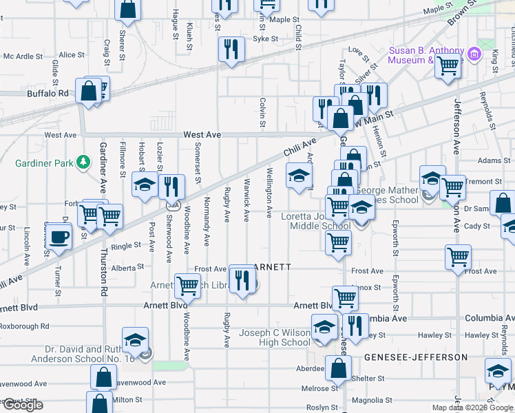 map of restaurants, bars, coffee shops, grocery stores, and more near 190 Kirkland Road in Rochester
