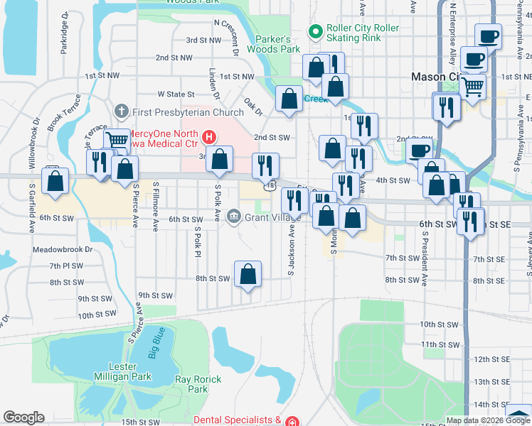 map of restaurants, bars, coffee shops, grocery stores, and more near 610 South Van Buren Avenue in Mason City