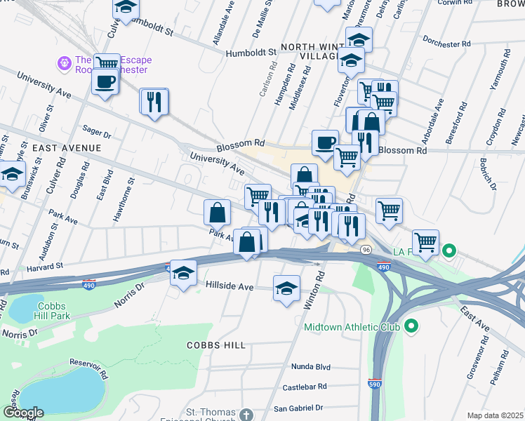 map of restaurants, bars, coffee shops, grocery stores, and more near 1656 East Avenue in Rochester