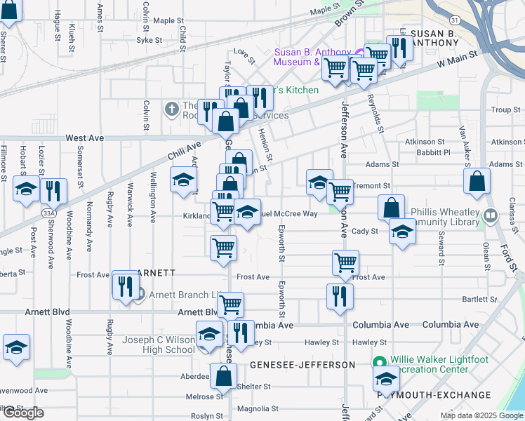 map of restaurants, bars, coffee shops, grocery stores, and more near 248 Doctor Samuel McCree Way in Rochester