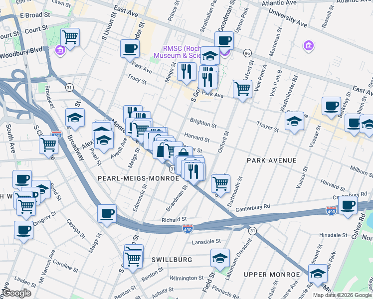 map of restaurants, bars, coffee shops, grocery stores, and more near 29 Harper Street in Rochester