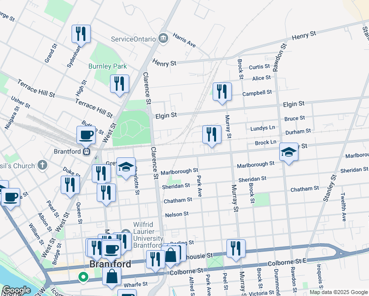 map of restaurants, bars, coffee shops, grocery stores, and more near 112 Grey Street in Brantford