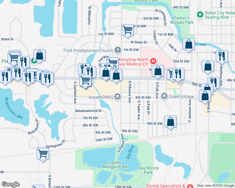 map of restaurants, bars, coffee shops, grocery stores, and more near 422 South Pierce Avenue in Mason City