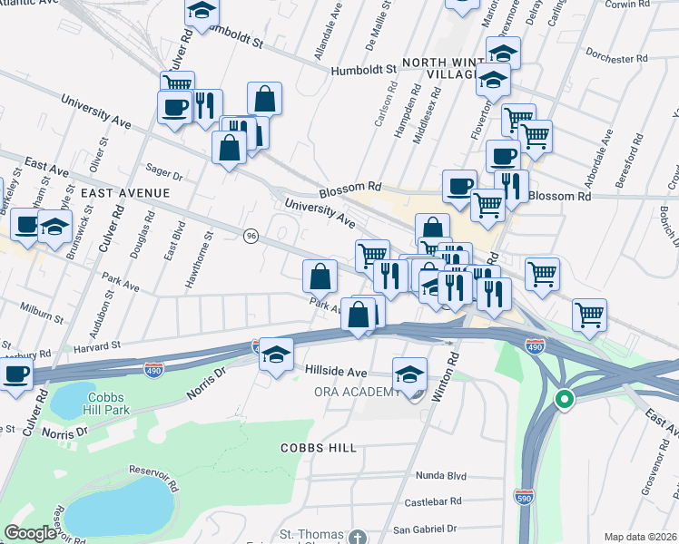 map of restaurants, bars, coffee shops, grocery stores, and more near 1575 East Avenue in Rochester