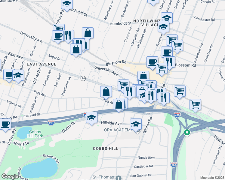 map of restaurants, bars, coffee shops, grocery stores, and more near 1575 East Avenue in Rochester