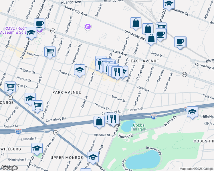 map of restaurants, bars, coffee shops, grocery stores, and more near 707 Park Avenue in Rochester