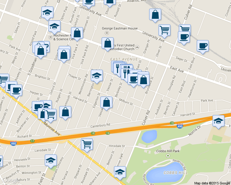 map of restaurants, bars, coffee shops, grocery stores, and more near 161 Berkeley Street in Rochester