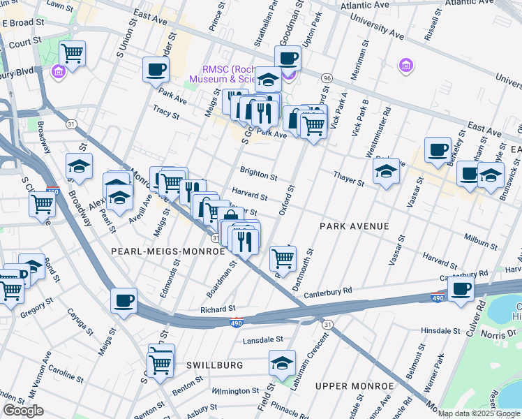 map of restaurants, bars, coffee shops, grocery stores, and more near 168 Harvard Street in Rochester