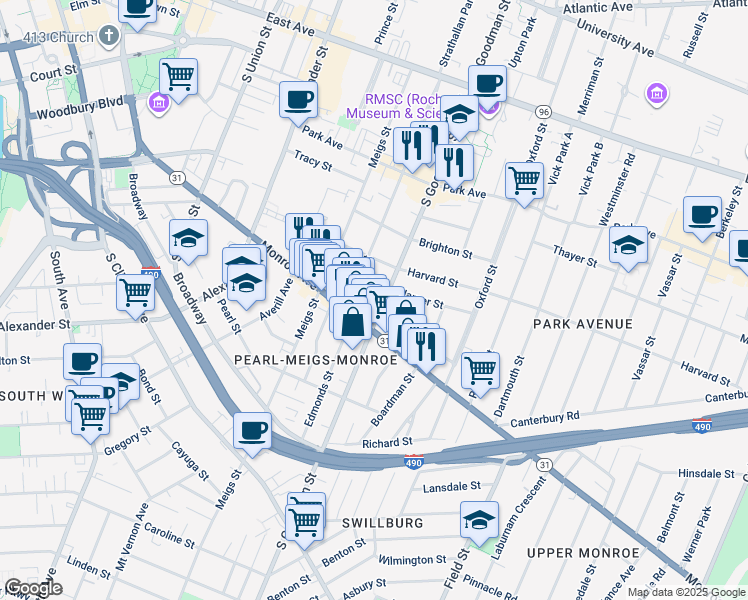 map of restaurants, bars, coffee shops, grocery stores, and more near 315 South Goodman Street in Rochester