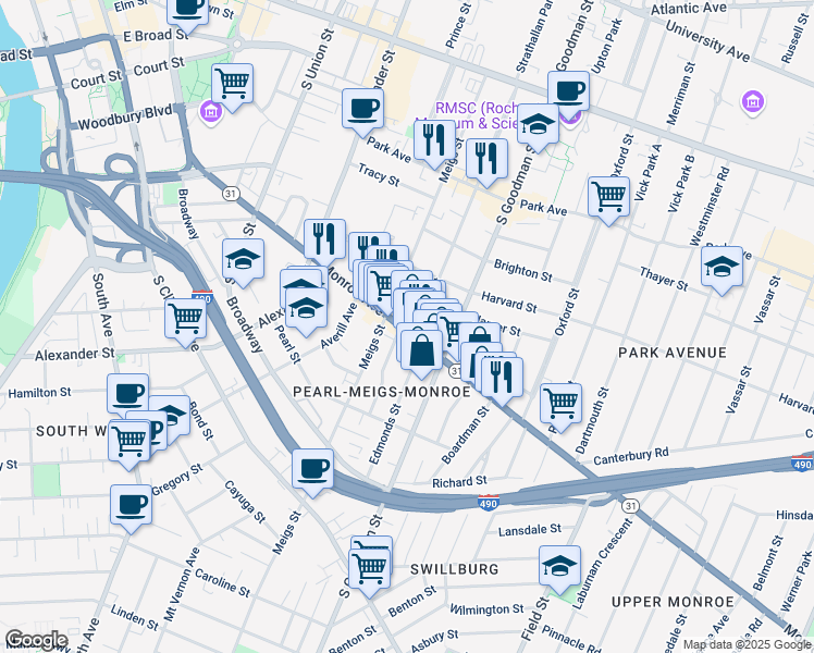 map of restaurants, bars, coffee shops, grocery stores, and more near 55 Rowley Street in Rochester
