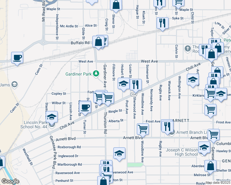 map of restaurants, bars, coffee shops, grocery stores, and more near 113 Hobart Street in Rochester