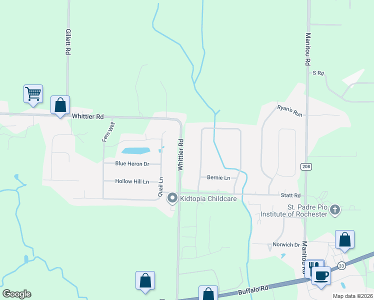 map of restaurants, bars, coffee shops, grocery stores, and more near 157 Whittier Road in Rochester
