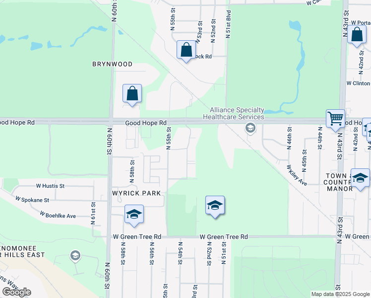 map of restaurants, bars, coffee shops, grocery stores, and more near 7134 North 55th Street in Milwaukee