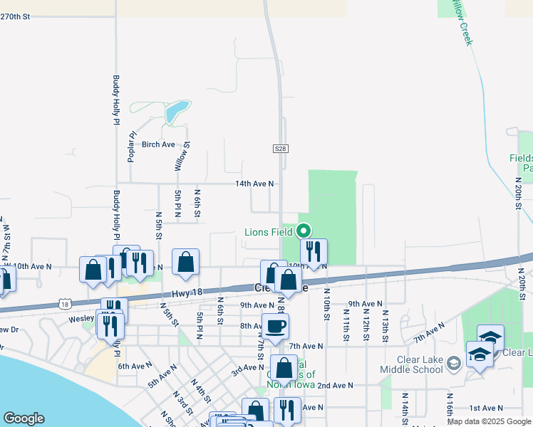 map of restaurants, bars, coffee shops, grocery stores, and more near 1300 7th Place North in Clear Lake