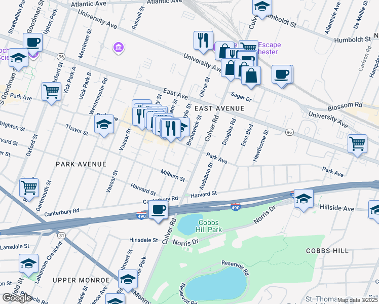map of restaurants, bars, coffee shops, grocery stores, and more near 815 Park Avenue in Rochester