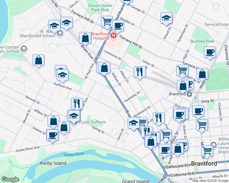 map of restaurants, bars, coffee shops, grocery stores, and more near Brant Avenue in Brantford
