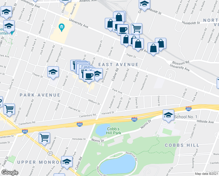 map of restaurants, bars, coffee shops, grocery stores, and more near Culver Road & Park Avenue in Rochester