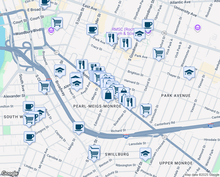 map of restaurants, bars, coffee shops, grocery stores, and more near 64 Rowley Street in Rochester