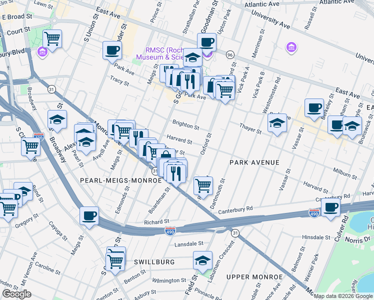 map of restaurants, bars, coffee shops, grocery stores, and more near 168 Harvard Street in Rochester