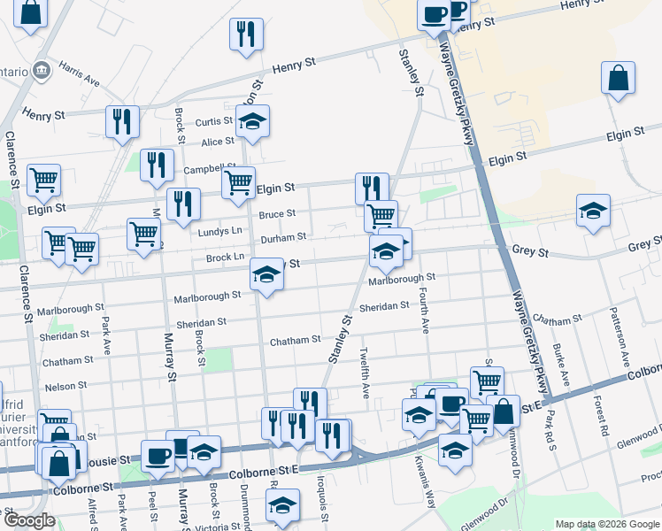 map of restaurants, bars, coffee shops, grocery stores, and more near 305 Grey Street in Brantford